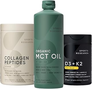 Sports Research Collagen Peptides Hydrolyzed Type 1 & 3 Collagen Powder Protein Supplement, Keto MCT Oil from Organic Coconuts - Triple Ingredient C8, C10, C12 MCTs and Vitamin D3 K2 with Coconut Oil