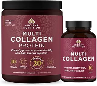 Ancient Nutrition Multi Collagen Peptides Protein Powder, Unflavored, 40 Servings + Multi Collagen Peptides Capsules, 90 Count