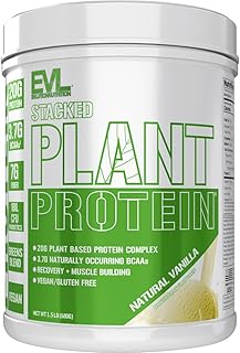 Evlution Nutrition Stacked Plant Protein Powder, Vegan, Non-GMO, Gluten-Free, Probiotics, BCAAs, Fiber, Complete Plant-Based Protein Complex, 1.5 LB (Natural Vanilla)