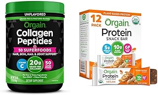 Orgain Hydrolyzed Collagen Powder + 50 Organic Superfoods, 20g Grass Fed Collagen, Unflavored Organic Vegan Protein Bars, Peanut Butter - 10g Plant Based Protein Bundle