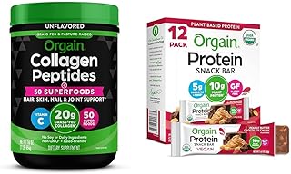 Orgain Hydrolyzed Collagen Powder + 50 Organic Superfoods 20g Grass Fed Collagen Organic Vegan Protein Bars, Peanut Butter Chocolate Chunk - 10g Plant Based Protein Bundle