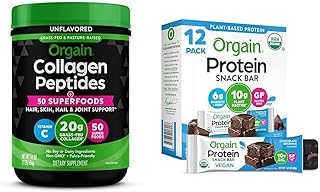 Orgain Hydrolyzed Collagen Powder + 50 Organic Superfoods 20g Grass Fed Collagen with Vitamin C, Unflavored Organic Vegan Protein Bars, Chocolate Brownie - 10g Plant Based Protein Bundle