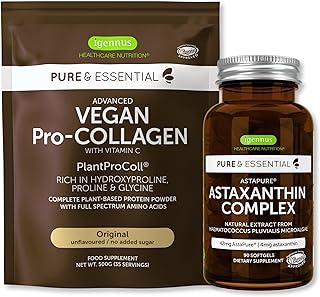 Pure & Essential Vegan Collagen Peptide Protein Powder + Astaxanthin Complex Vegan Bundle, Complete Collagen Boosting Formula + Natural Astapure Providing 4 mg H. Pluvialis Astaxanthin for Hair, Skin