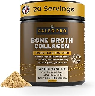 PaleoPro Bone Broth Collagen Protein Powder - Turmeric Root Grass-Fed Collagen Powder for Skin & Bones - Gluten Free, No Sugar, Soy, Grains, Net Carbs - Paleo Keto Friendly 20 Servings Aztec Vanilla