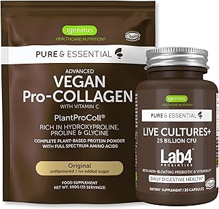 Pure & Essential Vegan Collagen Peptide Protein Powder + Live Cultures+ Lab4 Probiotics Vegan Bundle, Collagen Boosting Formula + 25 Billion CFU Lactobacillus Acidophilus & Bifidobacterium, by Igennus