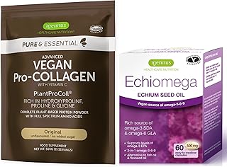 Pure & Essential Vegan Collagen Peptide Protein Powder & Echiomega Bundle, Complete Collagen Boosting Formula Triple Omega 3 6 9 500 mg Softgels from Echium Seed Oil, by Igennus