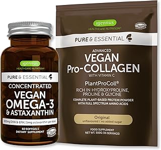 Pure & Essential Vegan Collagen Peptide Protein Powder & Vegan Omega 3 Bundle, Complete Collagen Boosting Formula & Sustainable Algae Oil 1340mg, by Igennus