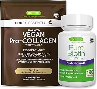 Vegan Collagen Protein Powder + Pure Biotin High Strength 10,000mcg Vegan Bundle, for Skin, Hair & Nails, by Igennus
